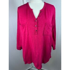 CHICO'S Cotton Blend Slub Henley Tee Pink Chico's 3 XL
